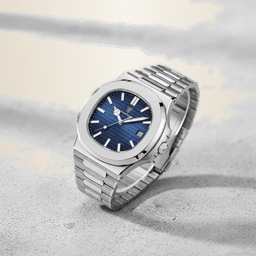 Relógio Analógico Masculino Poedagar Aço Pulseira Prateado Azul
